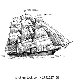 Tea Clipper, Vintage Sailboat. Hand Drawn Sketch.  