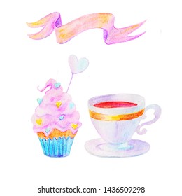  tea cup  cupcake and pink glaze   ribbon  illustration  and watercolor pencils