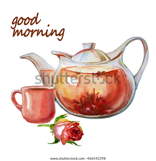 Tea Cup Tea Pot Flowers Rose Stock Illustration 466542398