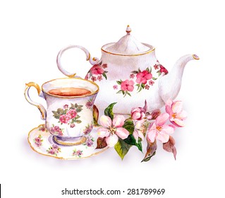 Tea Cup And Tea Pot With Flowers. Vintage Watercolor Design