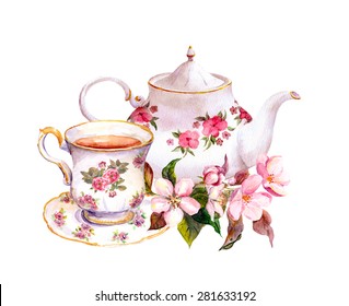 Tea Cup And Tea Pot With Flowers. Watercolor