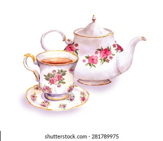 Tea Cup And Tea Pot With Flowers. Watercolor