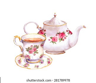 Tea cup and tea pot with flowers. Watercolor
