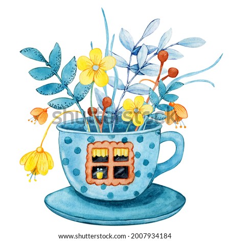 Tea house in the garden with flowers, cartoon cup with windows and doors. Hand drawn watercolor illustration isolated on white background. Cozy home, tea party, ceremony, kitchen utensils
