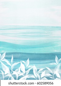 Tea leaves watercolor background. Nature frame with hand drawn tea leaves watercolor on abstract turquoise background.