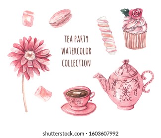 Tea Party. Pink Teapot, Cup, Pink Flower, Cupcake, Marshmallows. Watercolor Illustration On White Isolated Background