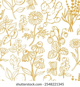 Tea seamless pattern on white background. Hand drawn tea plants for designer cards, invitations, textiles. Floral pattern - Powered by Shutterstock