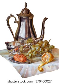 Tea still life in the Dutch style. Teapot, creamer, lemon, cake, tablecloth isolated on white background. Watercolor painting. - Shutterstock ID 370400027