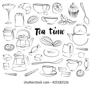 Tea Time Set  Hand drawn icons    Cups  mugs  teacups  teapots  saucer  spoon   leafs  fruits cherry  strawberry   cakes  croissant  pie  candy isolated light background