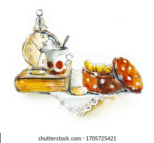 Tea Time. Vintage Cup Of Tea, Clock And Box With Cookies. Invitation To Tea Drinking. Watercolor Hand Drawn Illustration. USSR Still Life