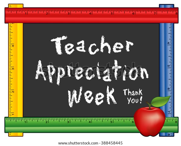 先生感謝の週のチャルクボードありがとう 5月のアメリカの祝日の第1週 リンゴ 黒板にチョークのテキスト 授業用の多彩色の定規の枠 学校行事 の イラスト素材