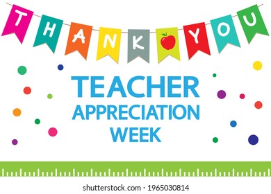 Teacher Appreciation Week school  banner. Garland of colored flags, text "thank you", apple, ruler on a white background. Annual festive event.  - Powered by Shutterstock