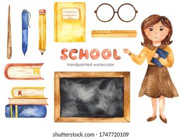 Teacher, Books, Pointer, Glasses, Blackboard. Watercolor School Set