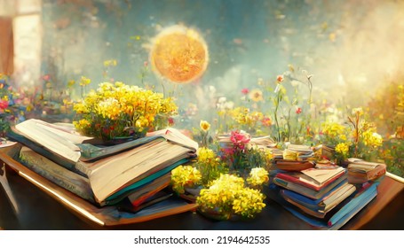 Teacher In Library; The Sun Is Shining Brightly; Lots Of Books; Flowers; Realistic, Fantasy; 4K, Unreal Engine, Stayle Of Painting