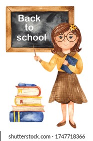 Teacher, School Board, Books. Watercolor Card Back To School