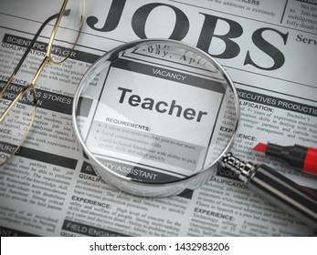 Teacher Vacancy In The Ad Of Job Search Newspaper With Loupe. 3d Illustration