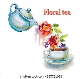 Teacup And Tea Pot With Roses Flowers .Floral Tea. Watercolor Illustration