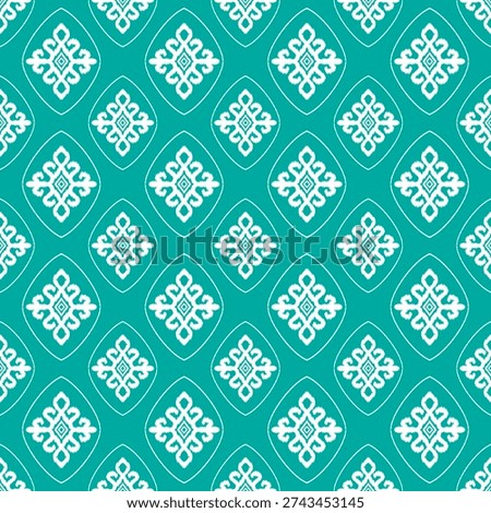 Teal Blue Background With White Repeating Damask Pattern And Diamond Shapes