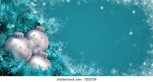Teal /Cyan Colored Christmas Card With Ornaments And Snowflakes
