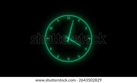 A teal glowing clock face is displayed against a black background. The time shown is approximately 4:01, with the minute hand slightly