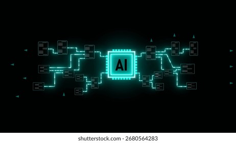 Teal glowing A I microchip network digital data processing system abstract background artificial intelligence