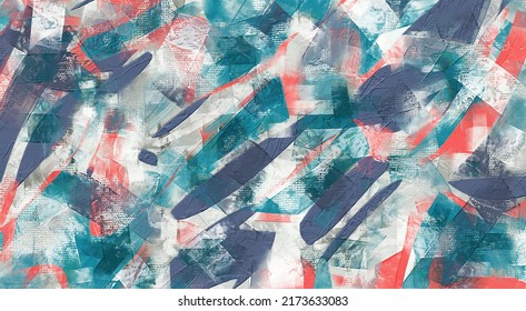 Teal Pattern Artwork, Abstract Paint Strokes, Summer Oil Painting On Canvas. Extra Large Acrylic Art, Artistic Texture. Brush Daubs And Smears Grungy Background, Hand Painted