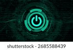 Teal Power Button Icon Centered Within Digital HUD Interface Against Binary Code Background start