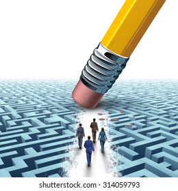 Team Business Management As Several Businesspeople Walking In A Clear Path On A Maze Or Labyrinth As An Eraser From A Pencil Creating A Clear Path To A Successful Solution As A Motivation Metaphor.