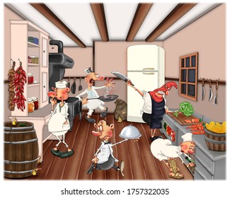 A team of chefs work in the kitchen. Fun illustration for a children's book. - Powered by Shutterstock