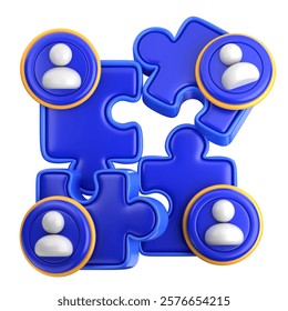 Team Collaboration 3D Render using interconnected puzzle pieces with user icons.
