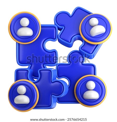 Team Collaboration 3D Render using interconnected puzzle pieces with user icons.