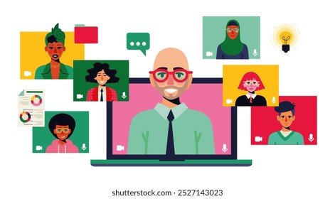 team colleagues video call, meeting zoom on an opened laptop. illustration on a white background. Open laptop. A man is speaking, the others are listening. icons calendar analytics. - Powered by Shutterstock