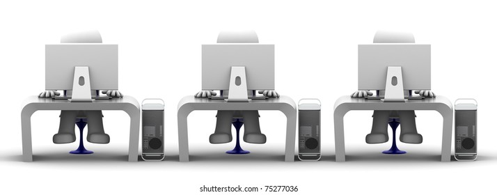Team of computer experts at workplace. On white background