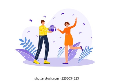 Team congratulates colleague concept with people scene in the flat cartoon design. Man congratulates colleague at work and gives a gift in honor of the holiday. - Powered by Shutterstock