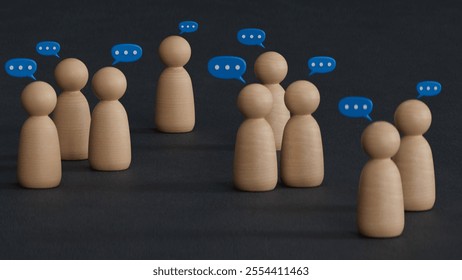 Team discussion, Community or social feedback. Communication or announcement dialog. Business meeting. Teamwork and communication concept. Many wooden figure with speech bubble.
 - Powered by Shutterstock