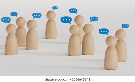 Team discussion, Community or social feedback. Communication or announcement dialog. Business meeting. Teamwork and communication concept. Many wooden figure with speech bubble. - Powered by Shutterstock