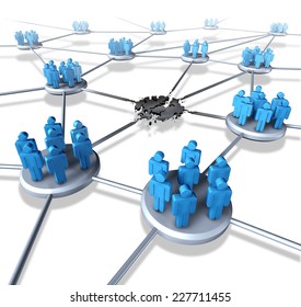 Team Network Problems As A Connected Business Group Of People Icons With A Broken Link And System Failure Concept As Loss Of Social Media Popularity By Losing Followers Or Communication Crisis.