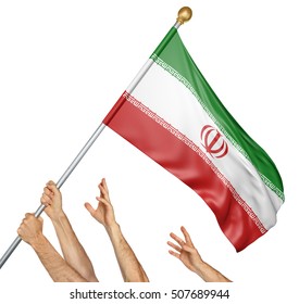 Team of peoples hands raising the Iran national flag, 3D rendering isolated on white background