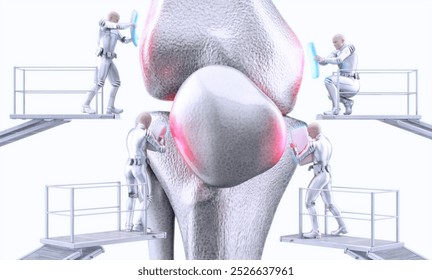 A team of small robots is performing a precise surgical procedure on a human knee joint. Damaged cartilage, arthrosis, knee bone repair. Advanced AI technology joint restoration, implant, surgery. 3D