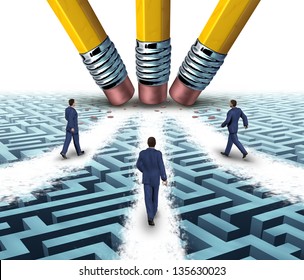 Team solutions with a group of business people walking over a clear path on a confusing maze or labyrinth that has been cleared by three pencil erasers as a teamwork business concept.