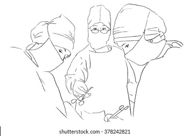 Team Surgeon At Work In Operating Room. Black-and-white Charcoal Drawing