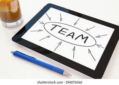 Team - text concept on a mobile tablet computer on a desk - 3d render illustration.