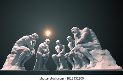 Team of thinkers and one of them has a glowing light bulb above his head as a symbol of a new idea. 3D Illustration.