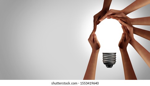 Team thinking together as a diverse group of people coming together joining hands into the shape of an inspirational light bulb 3D elements. - Powered by Shutterstock