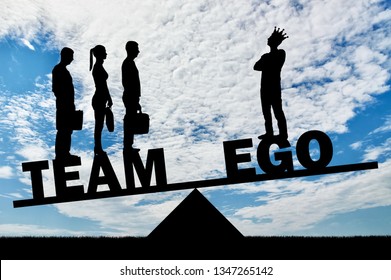 Team Of Three Employees Weighs More Than One With Their Big Ego. Concept Of Teamwork, Not Selfishness In Work