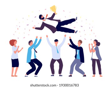 Team Tossing Man In Air. Business People Group Celebrating Success Victory. Corporate Achievement, Winner Award Celebration, Concept