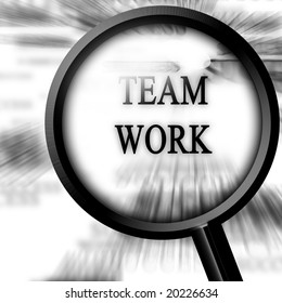 team work on a white background with a magnifier