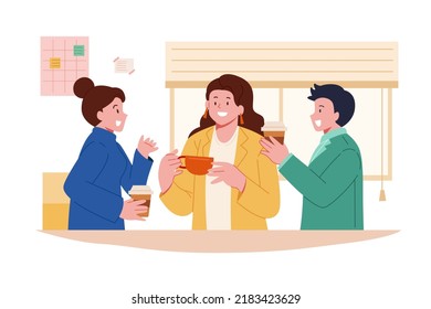 Team of workers having coffee and talking during break in office. Flat vector illustration.