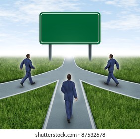 Teamwork With Blank Road Sign For Mergers And Partnerships On The Same Road As A Team  With Vision For Success Of A Company By Working Together Represented By Three Roads Merging Together Into One.