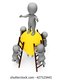 Teamwork Characters Showing Light Bulb And Idea 3d Rendering